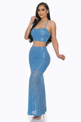 Baby Blue Sequin Maxi 2 Piece Crop Top & Mermaid Skirt SALE